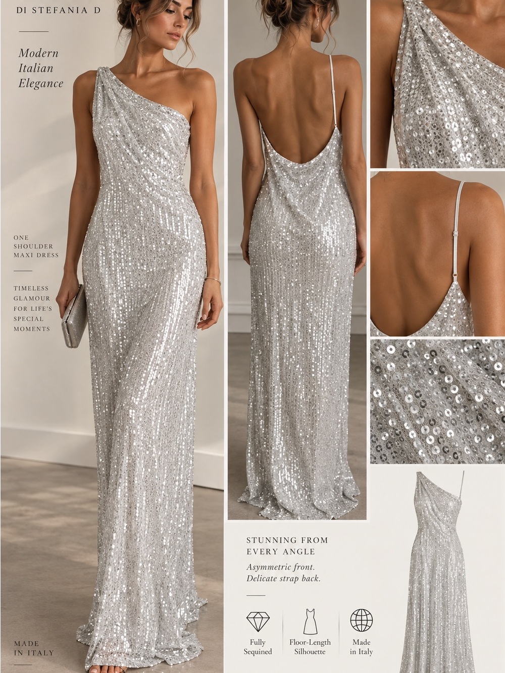 NWT CHIO di Stefania D $869 Silver Sequin One Shoulder Maxi Dress XS Italy